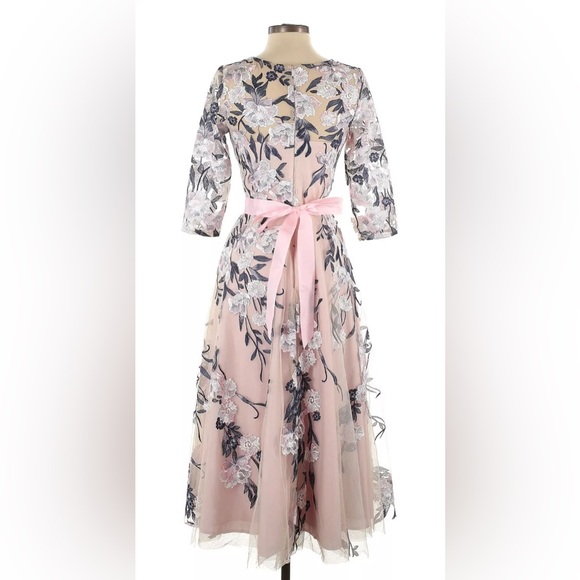 Embroidered Garden Party Outdoor Wedding Bridesmaid Floral Midi Tea Length Dress - Picture 5 of 16